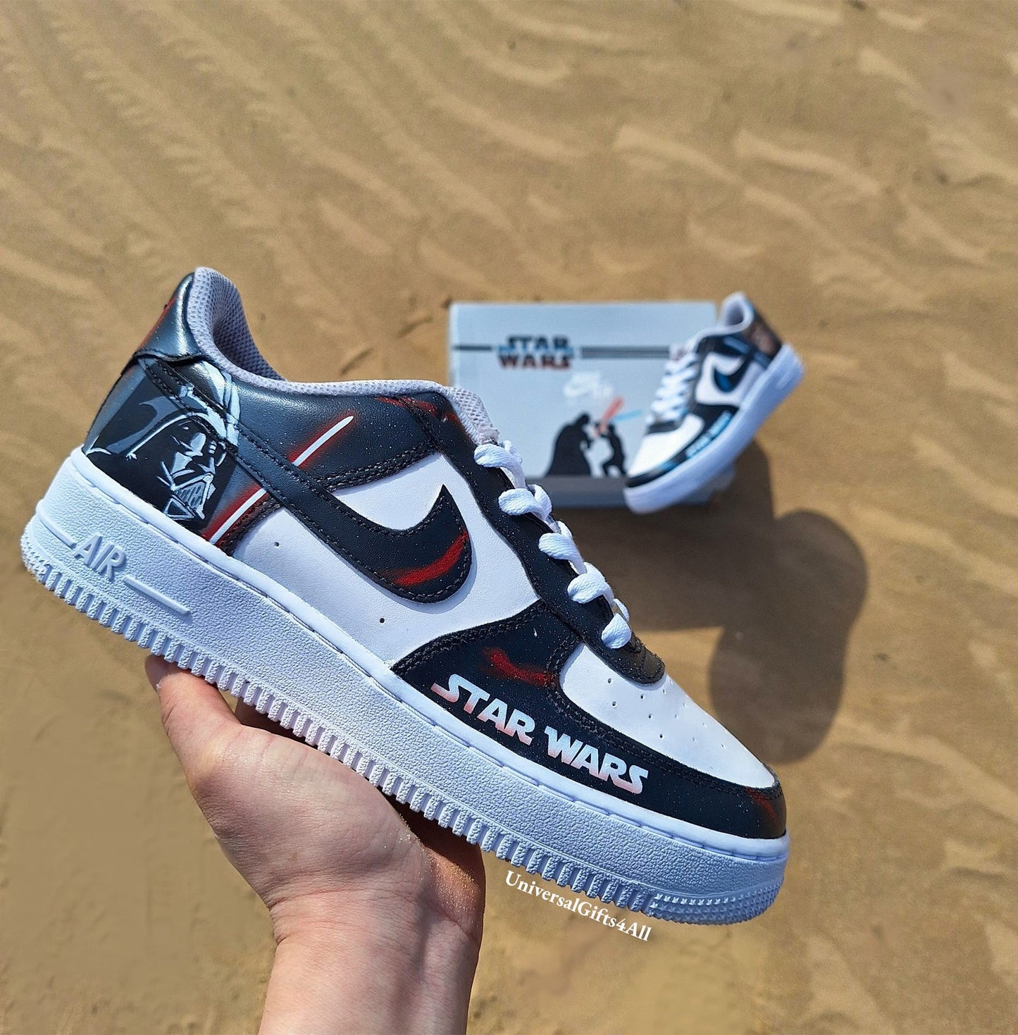 Custom AF1 Star Wars sneakers, Darth Vader vs Luke Skywalker shoes, Lightsaber battle, Air Force 1 Jedi Order, X-wing, At-At and Death Star, Made for star wars fans, birthday gift for him & her, join the rebellion