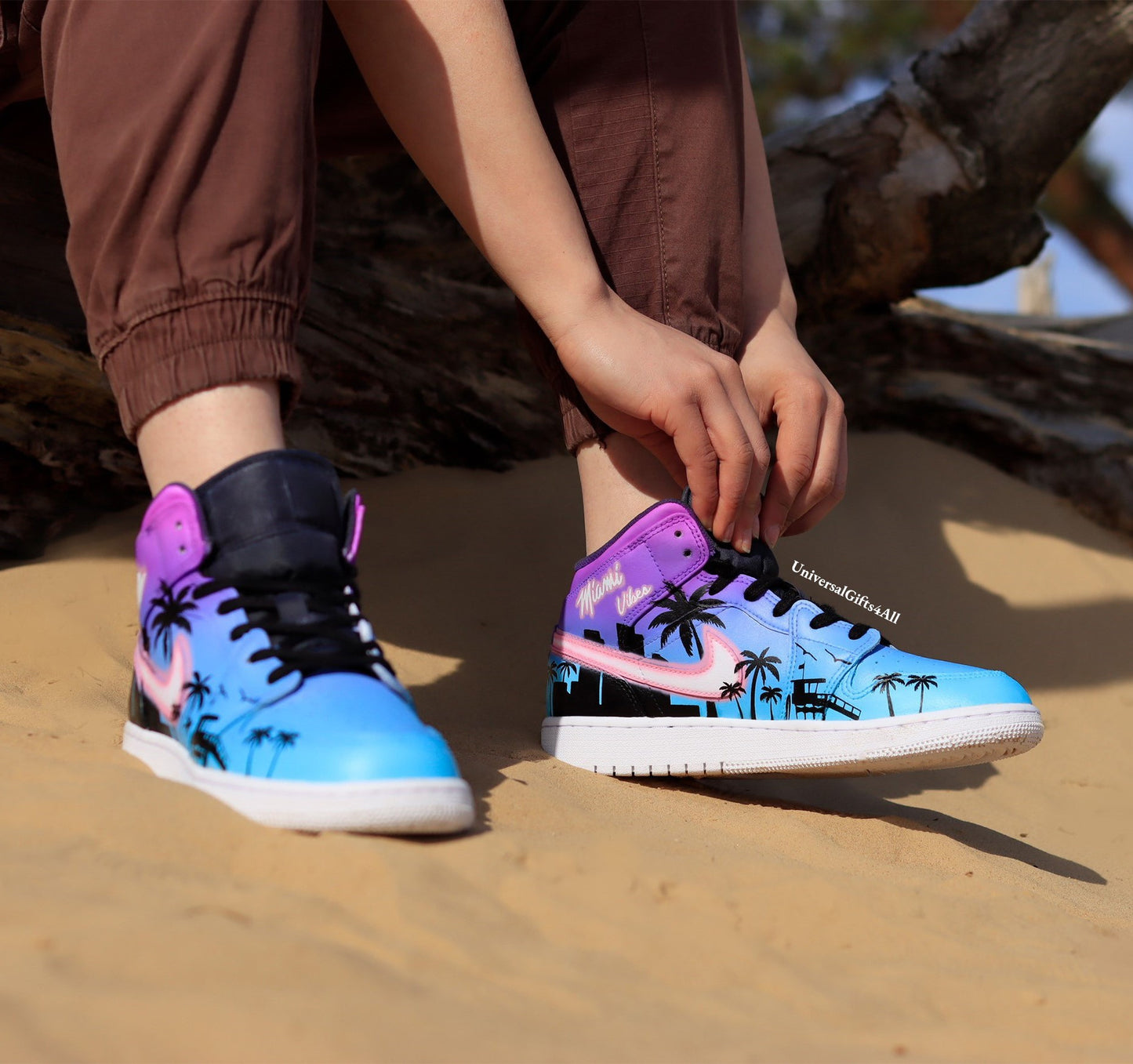 Air Jordan 1 Mid Miami Tropical Summer Vibes custom sneakers, beach house, city and palmtrees silhouette. Birthday Gift for him and her, unique and sunny.