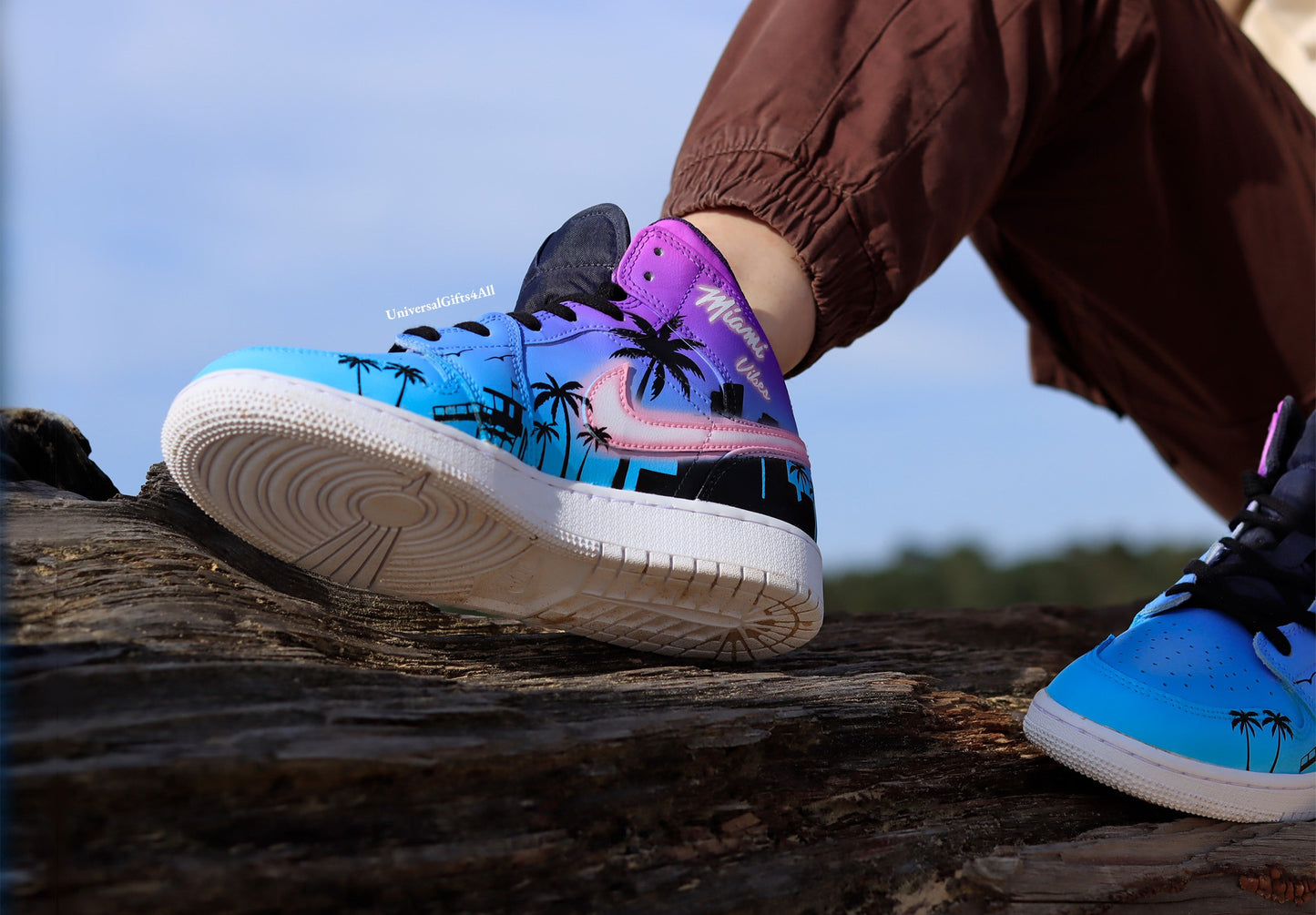 Air Jordan 1 Mid Miami Tropical Summer Vibes custom sneakers, beach house, city and palmtrees silhouette. Birthday Gift for him and her, unique and sunny.