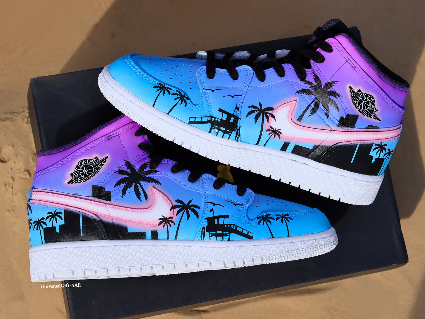 Air Jordan 1 Mid Miami Tropical Summer Vibes custom sneakers, beach house, city and palmtrees silhouette. Birthday Gift for him and her, unique and sunny.