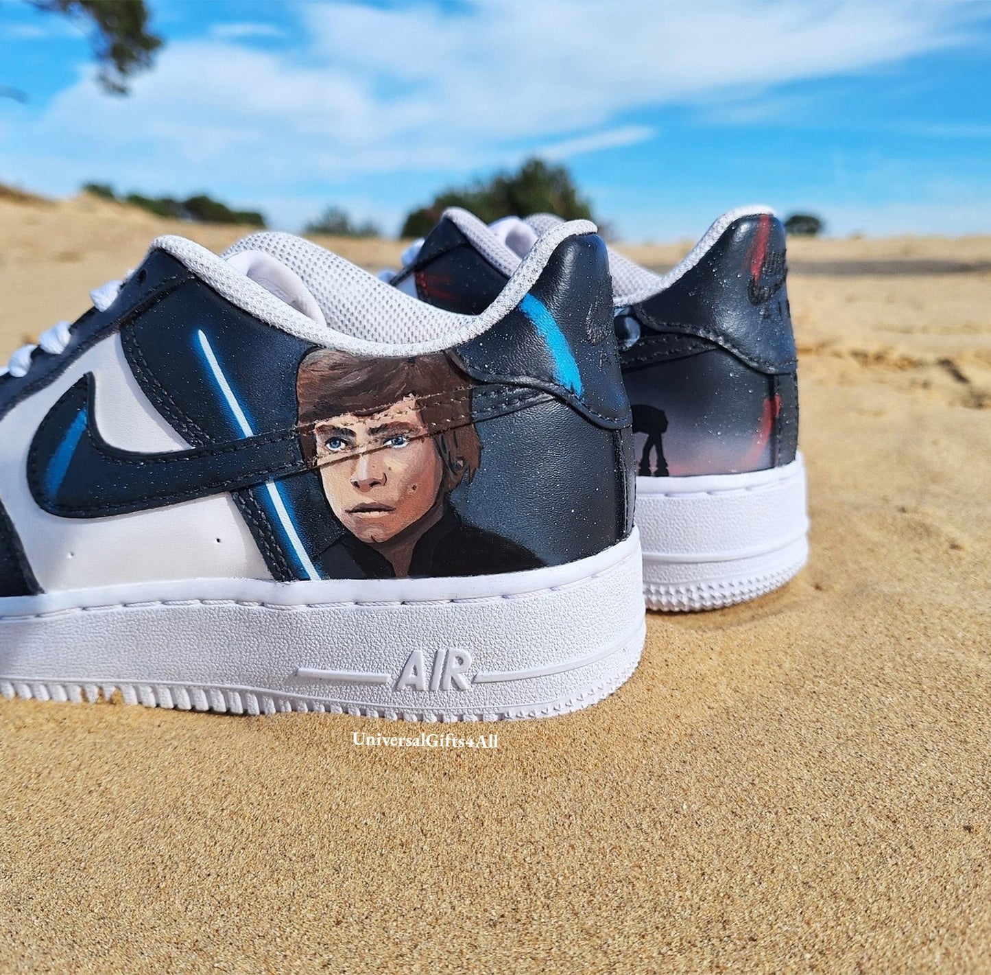 Custom AF1 Star Wars sneakers, Darth Vader vs Luke Skywalker shoes, Lightsaber battle, Air Force 1 Jedi Order, X-wing, At-At and Death Star, Made for star wars fans, birthday gift for him & her, join the rebellion