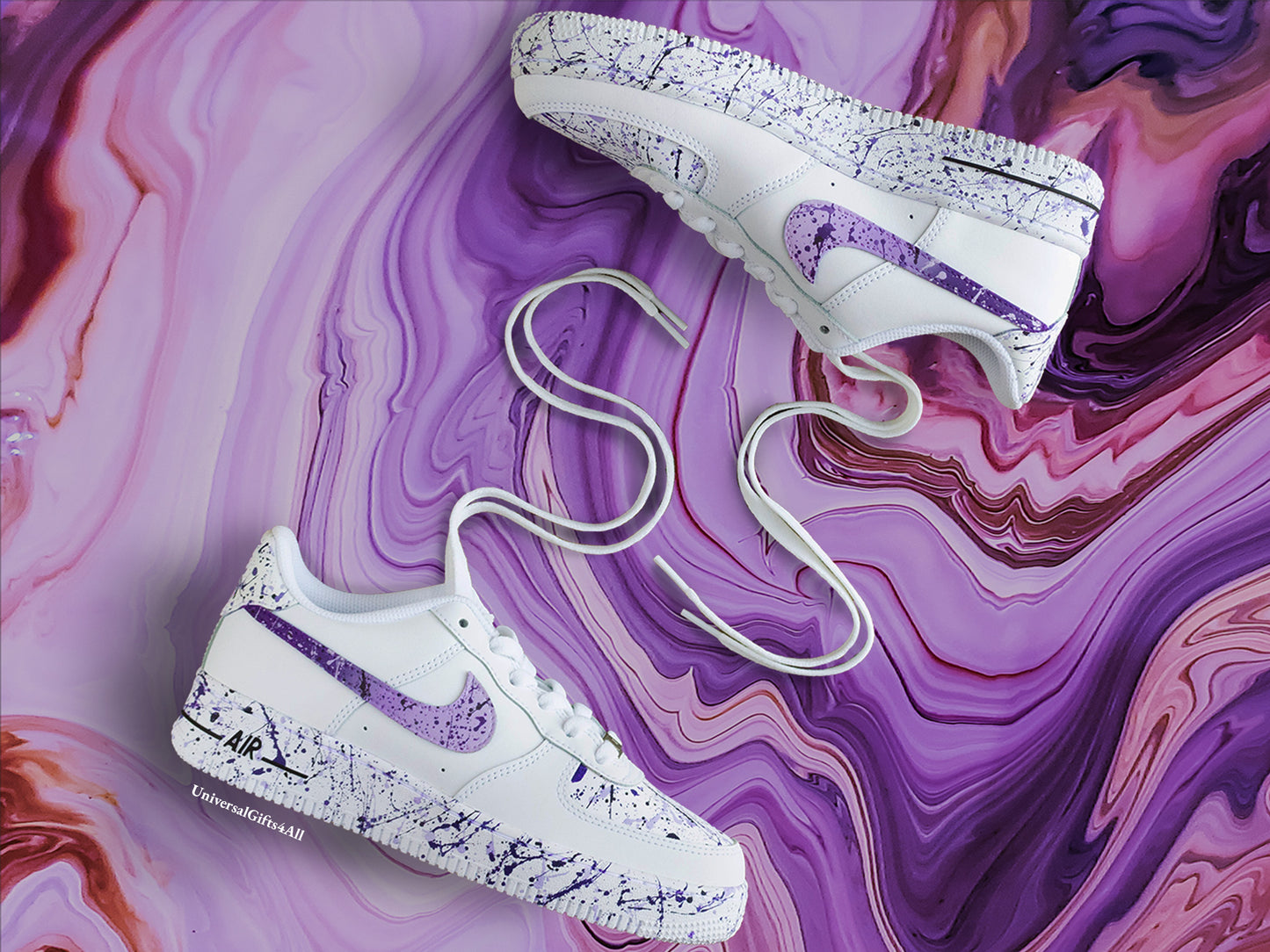 Custom Purple, Lila Splatters Air Force 1 sneakers Customized trendy shoes. Nice as birthday gift.