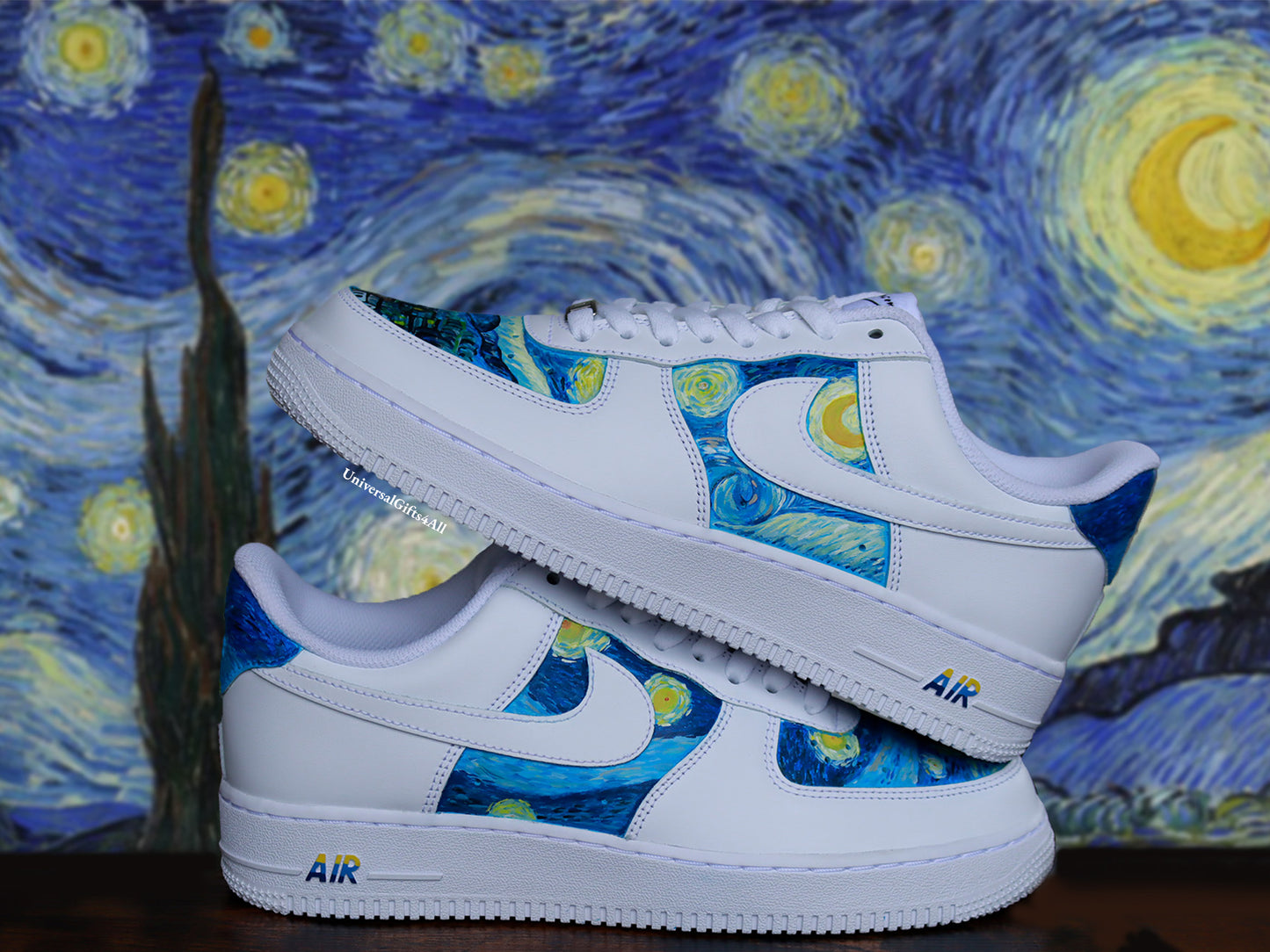 Starry Night - Van Gogh customized sneakers AF1, sneakers voor haar en hem air force 1 blauwe artistieke schoenen, ultiem verjaardagscadeau, swirls vincent op een witte sneaker, sterrenhemel en galaxy