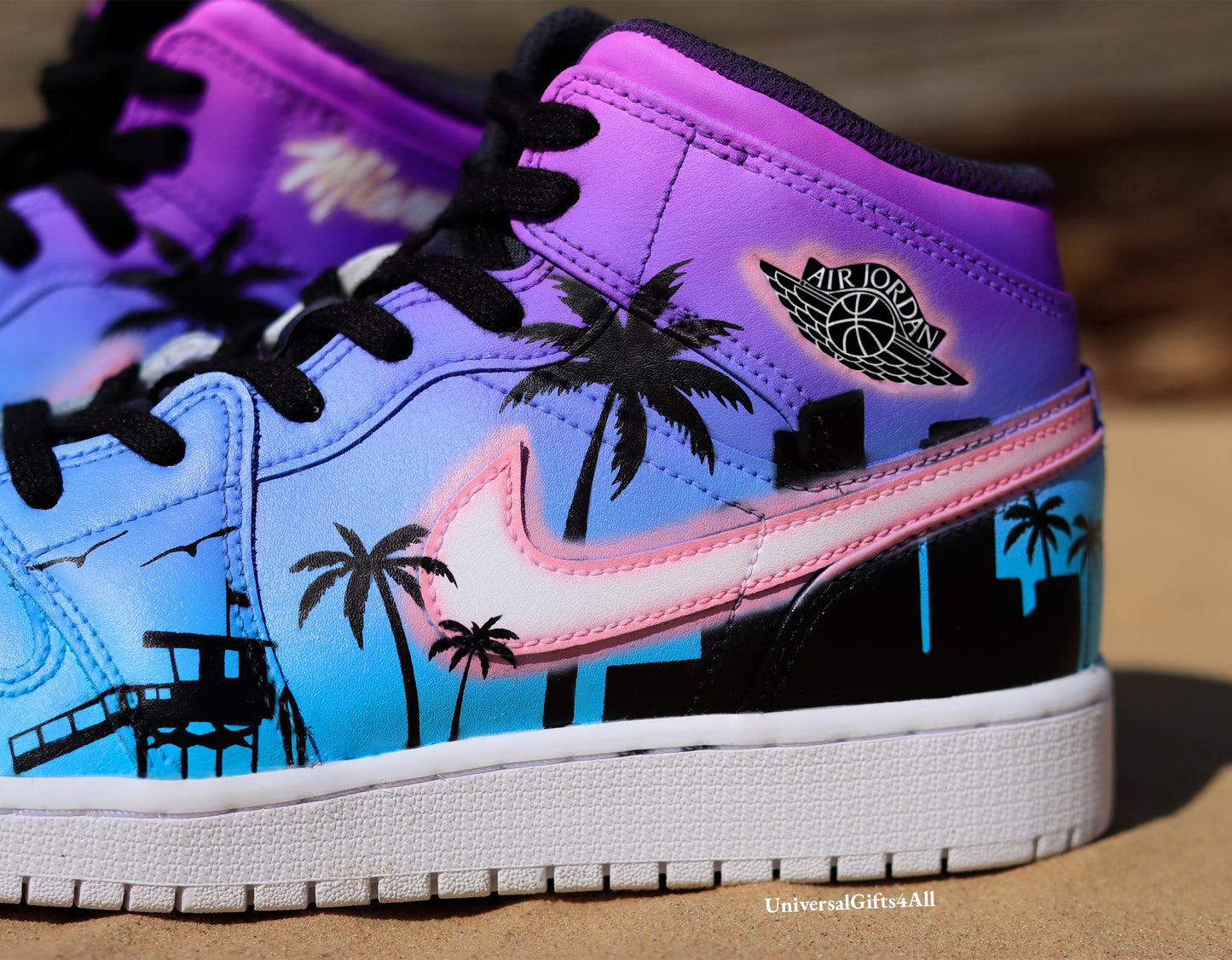 Air Jordan 1 Mid Miami Tropical Summer Vibes custom sneakers, beach house, city and palmtrees silhouette. Birthday Gift for him and her, unique and sunny.