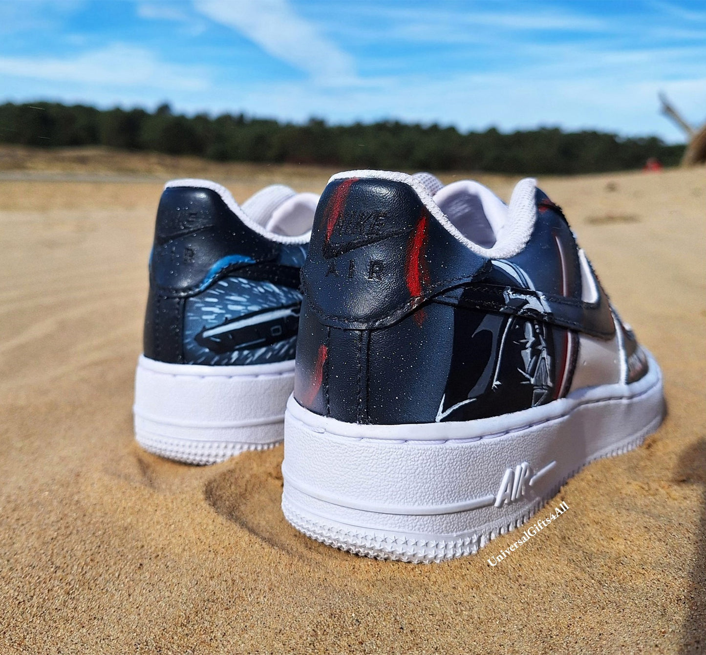 Custom AF1 Star Wars sneakers, Darth Vader vs Luke Skywalker shoes, Lightsaber battle, Air Force 1 Jedi Order, X-wing, At-At and Death Star, Made for star wars fans, birthday gift for him & her, join the rebellion