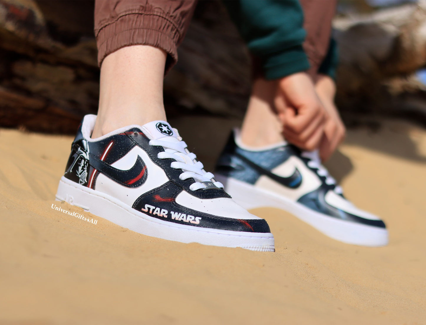 Custom AF1 Star Wars sneakers, Darth Vader vs Luke Skywalker shoes, Lightsaber battle, Air Force 1 Jedi Order, X-wing, At-At and Death Star, Made for star wars fans, birthday gift for him & her, join the rebellion