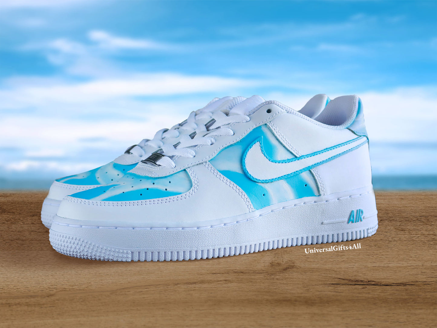 Vivid Sky Blue Air force 1 custom sneakers, blauwe wolken sneakers, creatief en stijlvolle schoenen