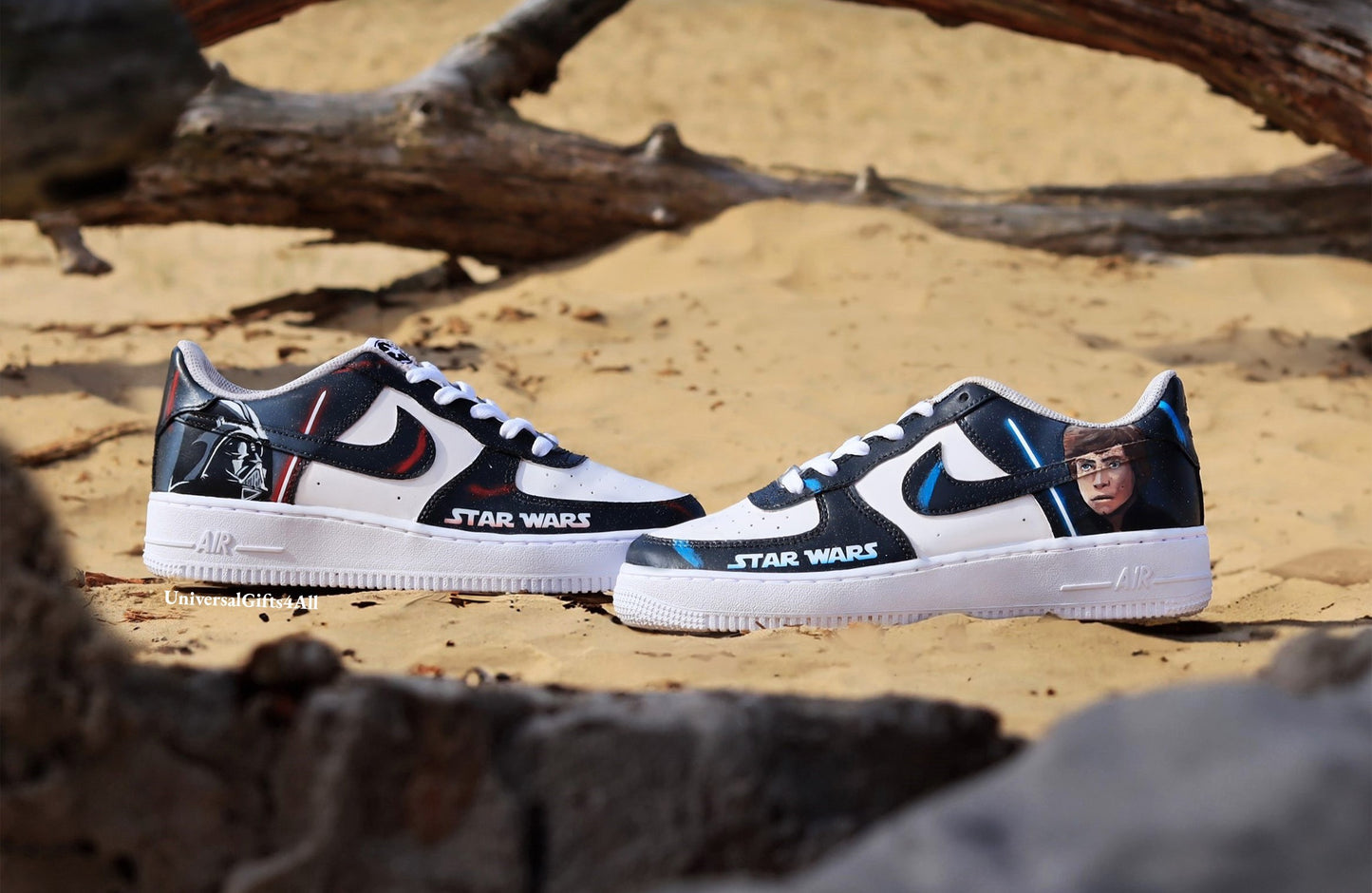 Custom AF1 Star Wars sneakers, Darth Vader vs Luke Skywalker shoes, Lightsaber battle, Air Force 1 Jedi Order, X-wing, At-At and Death Star, Made for star wars fans, birthday gift for him & her, join the rebellion