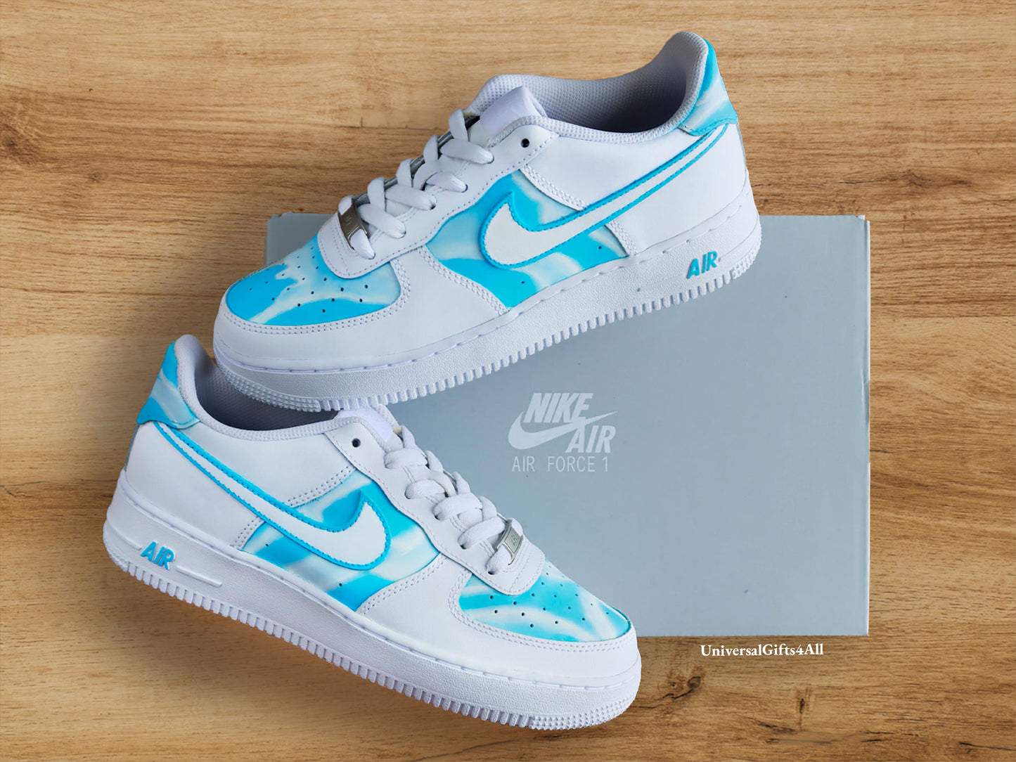 Vivid Sky Blue Air force 1 custom sneakers, blauwe wolken sneakers, creatief en stijlvolle schoenen