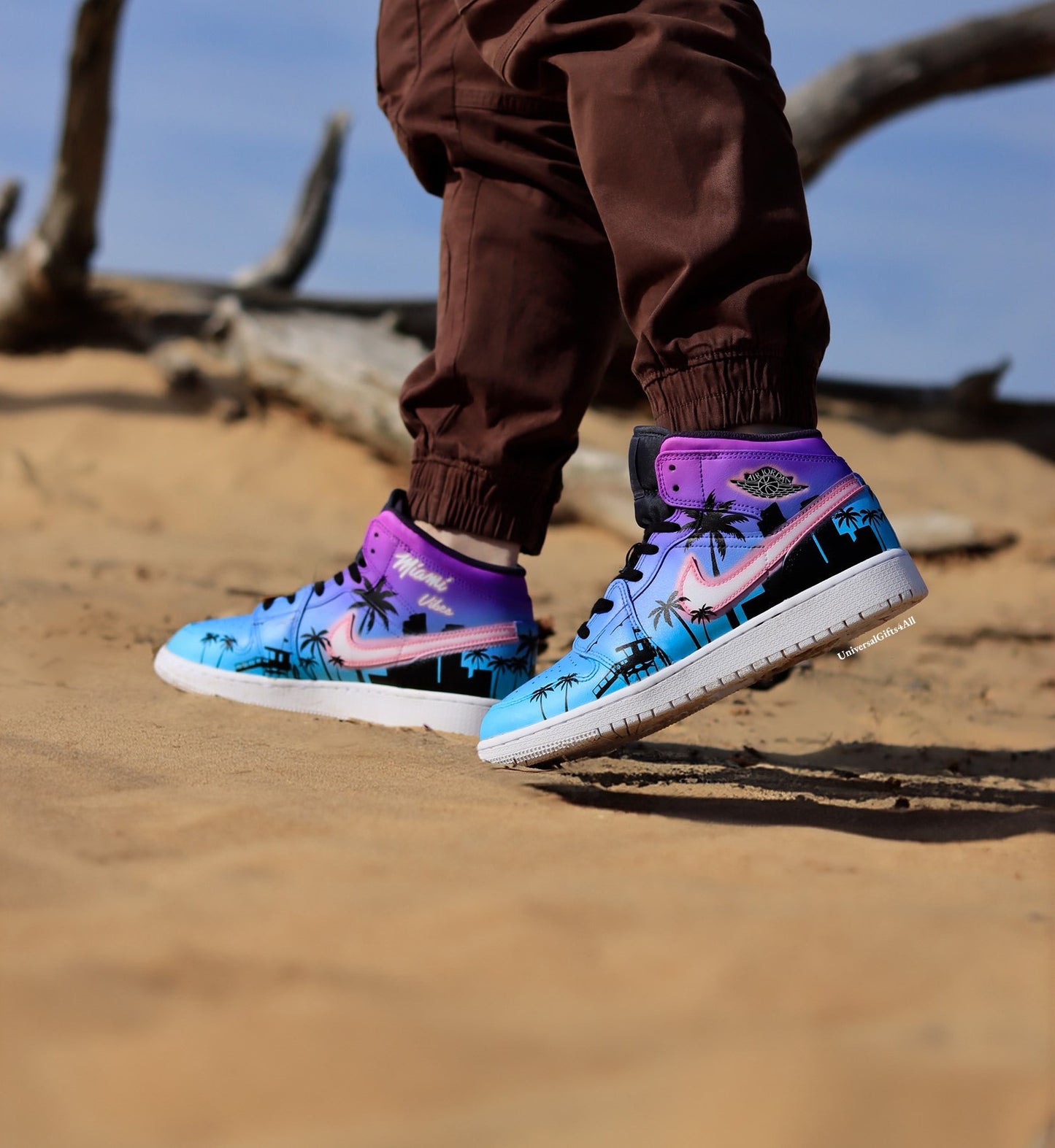 Air Jordan 1 Mid Miami Tropical Summer Vibes custom sneakers, beach house, city and palmtrees silhouette. Birthday Gift for him and her, unique and sunny.