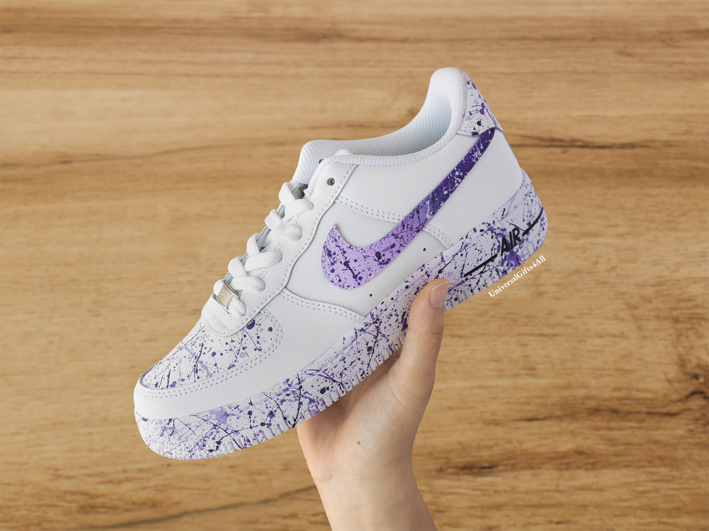 Custom Purple, Lila Splatters Air Force 1 sneakers Customized trendy shoes. Nice as birthday gift.
