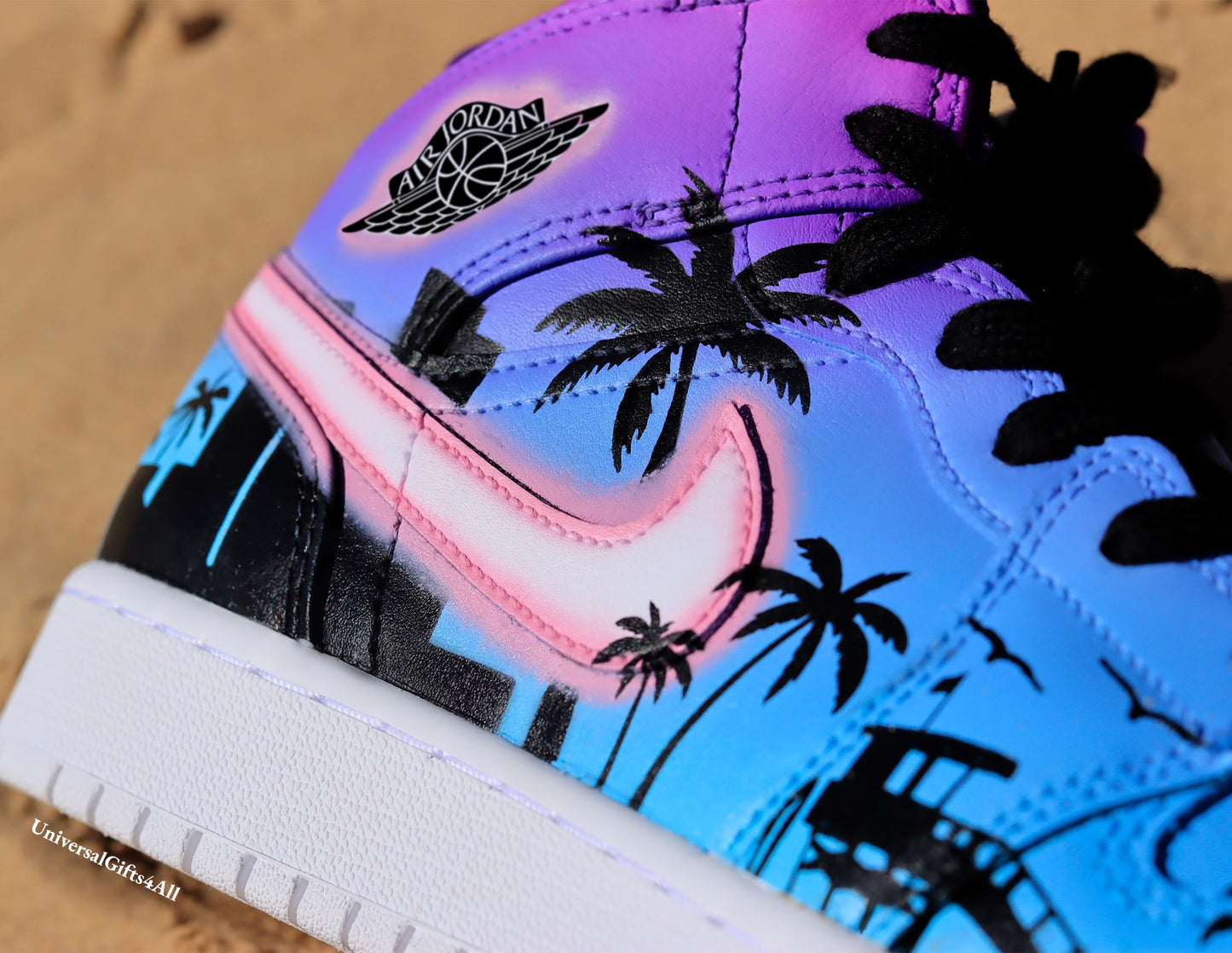 Air Jordan 1 Mid Miami Tropical Summer Vibes custom sneakers, beach house, city and palmtrees silhouette. Birthday Gift for him and her, unique and sunny.