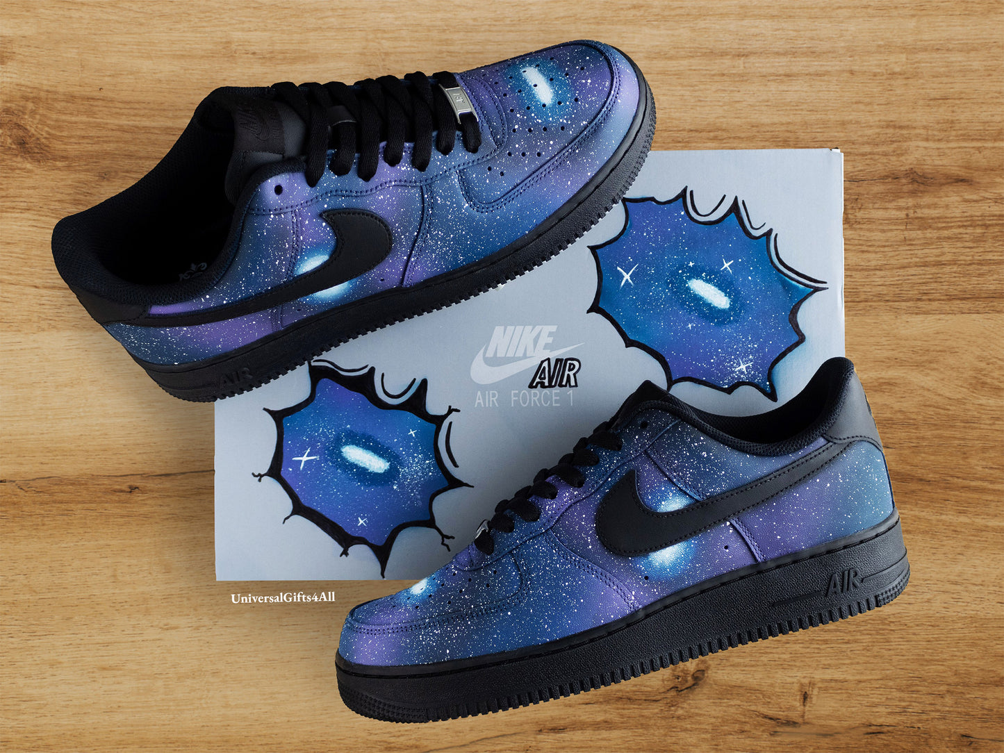 Aangepaste custom sneakers Air Force 1 Night Sky en Sterren Galaxy, Universum schoenen blauw en paars, unisex, verjaardagscadeau voor hem en haar