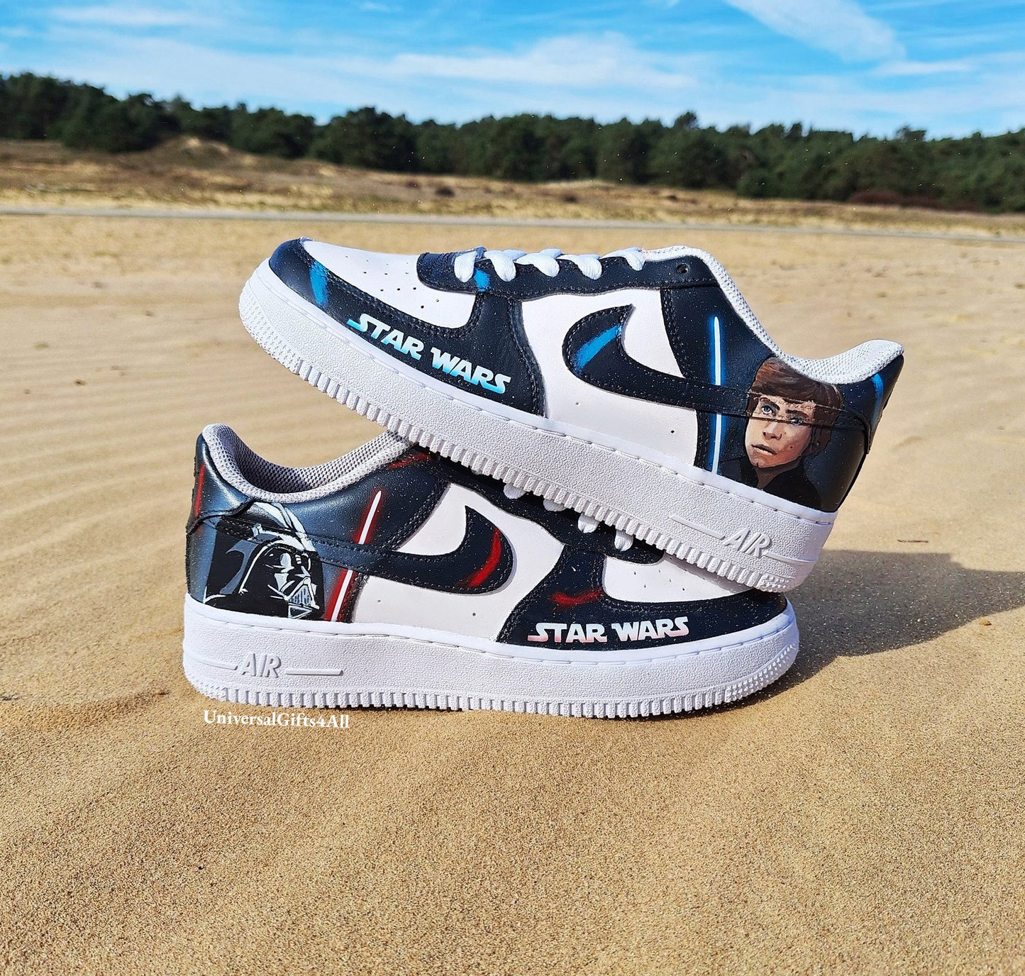 Custom AF1 Star Wars sneakers, Darth Vader vs Luke Skywalker shoes, Lightsaber battle, Air Force 1 Jedi Order, X-wing, At-At and Death Star, Made for star wars fans, birthday gift for him & her, join the rebellion