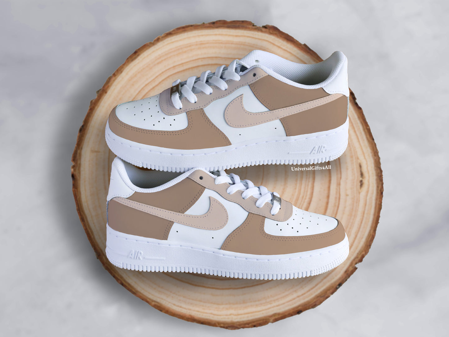 Air Force 1 Cappuccino Beige Custom sneakers, gift for her, earthtones, fashion 2024, verjaardagscadeau, vrouwen, beigetones, frappuchino, latte machiato chocolate.