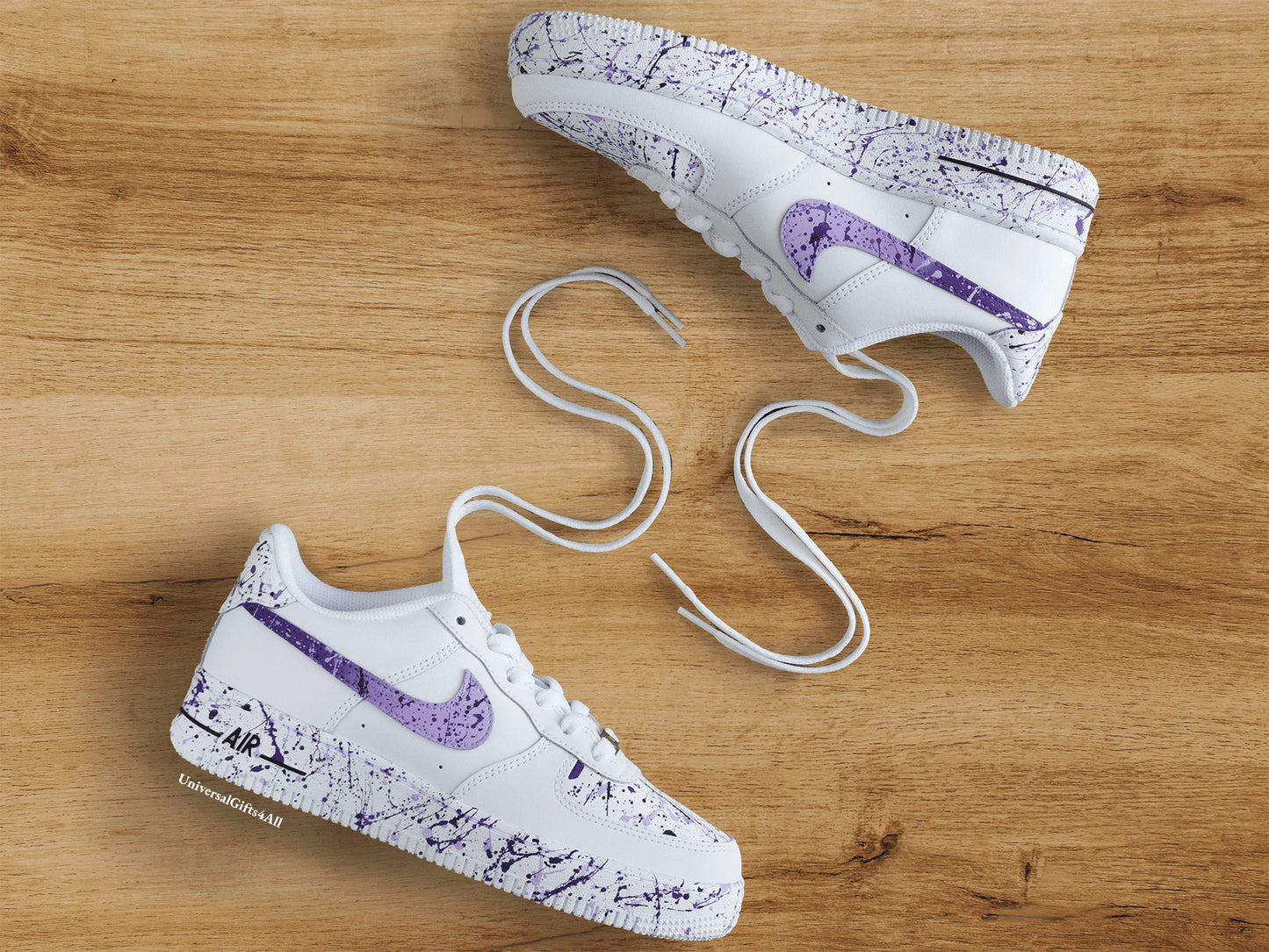 Custom Purple, Lila Splatters Air Force 1 sneakers Customized trendy shoes. Nice as birthday gift.