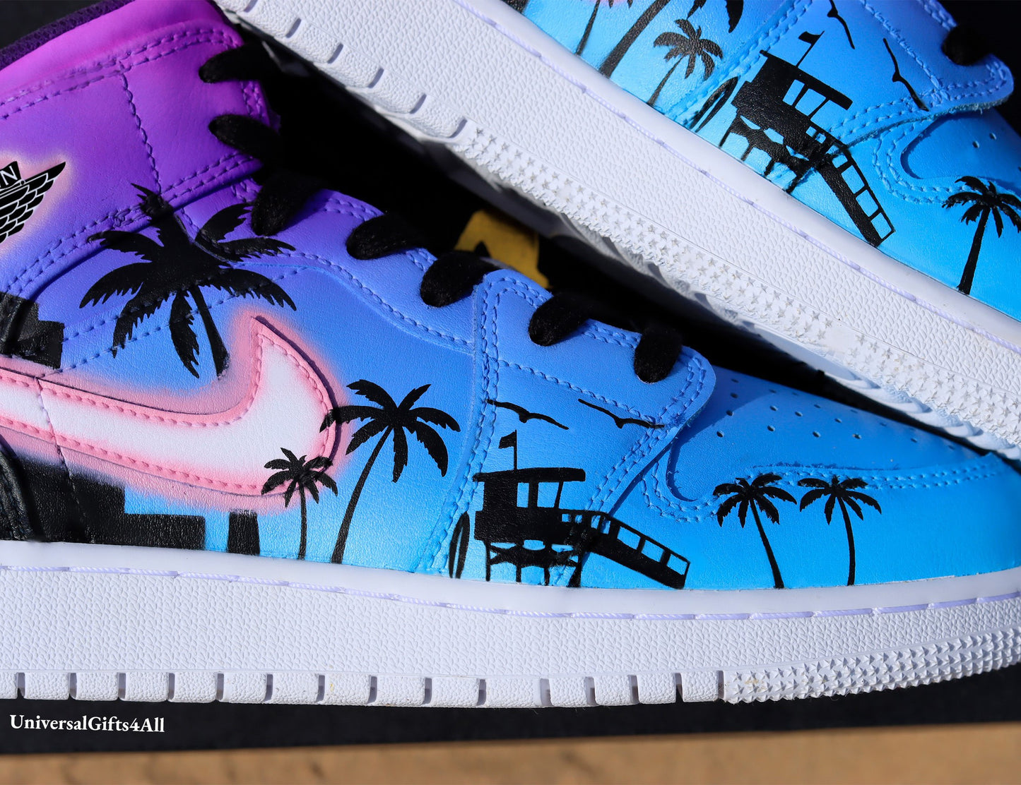 Air Jordan 1 Mid Miami Tropical Summer Vibes custom sneakers, beach house, city and palmtrees silhouette. Birthday Gift for him and her, unique and sunny.