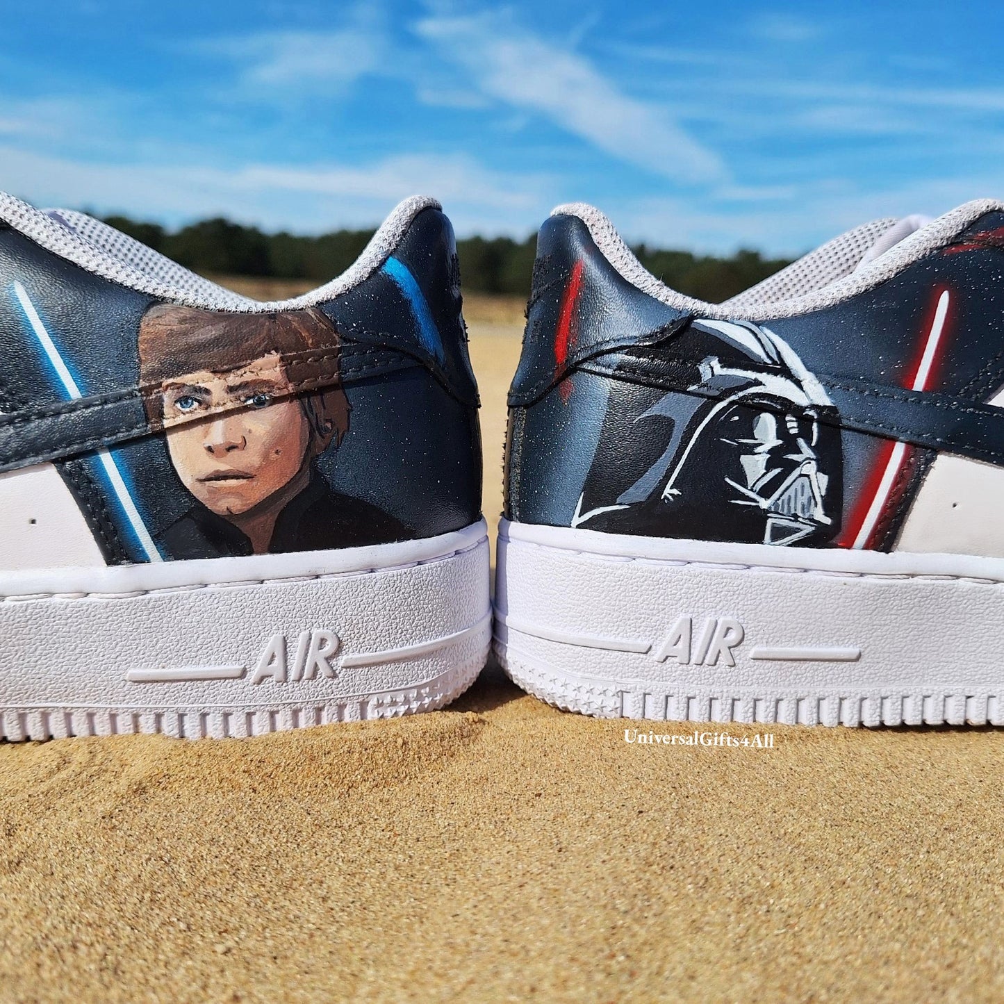 Custom AF1 Star Wars sneakers, Darth Vader vs Luke Skywalker shoes, Lightsaber battle, Air Force 1 Jedi Order, X-wing, At-At and Death Star, Made for star wars fans, birthday gift for him & her, join the rebellion