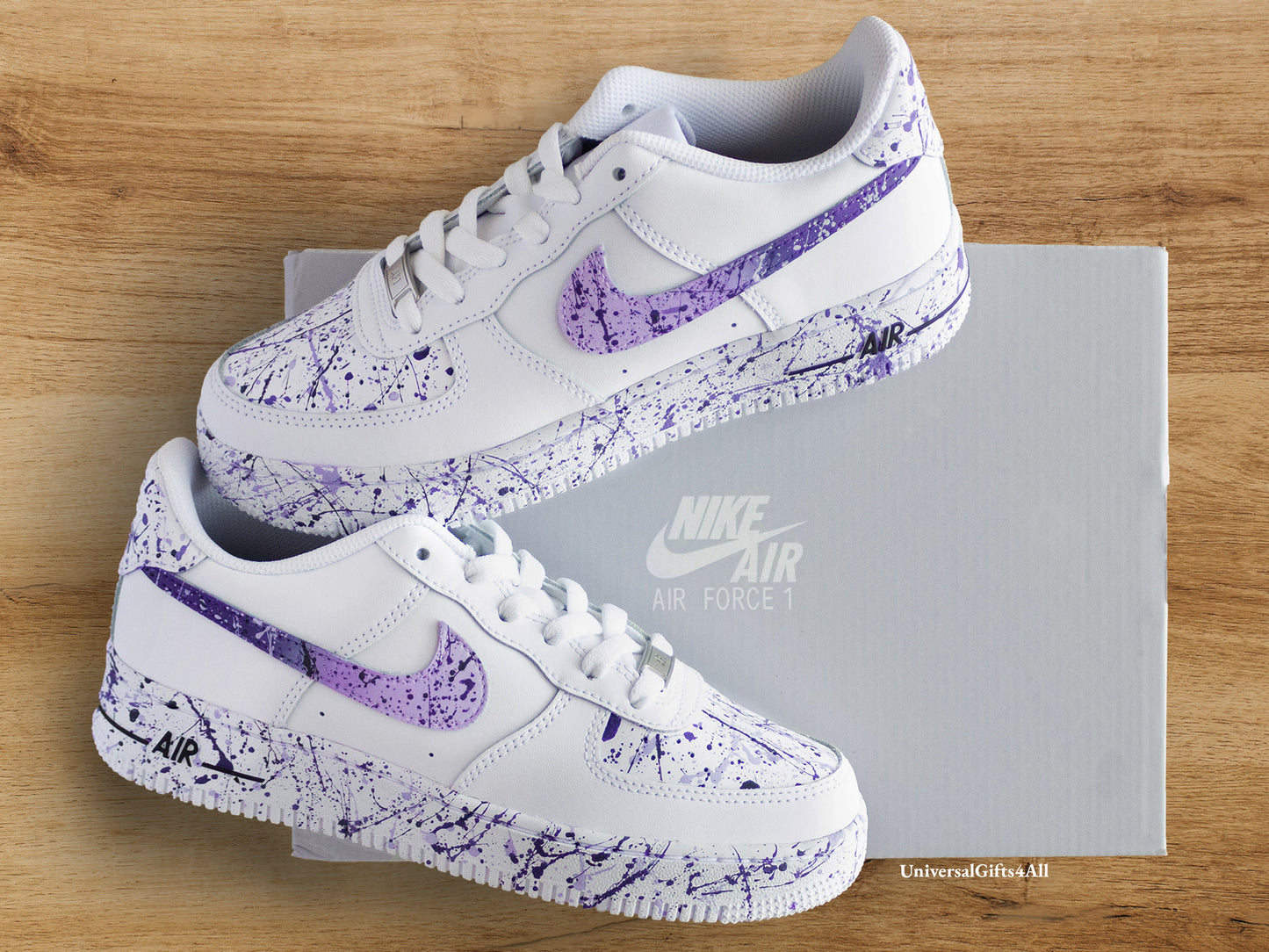 Custom Purple, Lila Splatters Air Force 1 sneakers Customized trendy shoes. Nice as birthday gift.