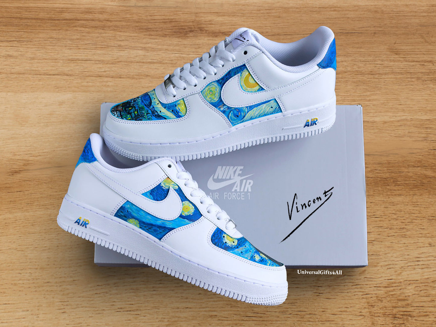 Starry Night - Van Gogh customized sneakers AF1, sneakers voor haar en hem air force 1 blauwe artistieke schoenen, ultiem verjaardagscadeau, swirls vincent op een witte sneaker, sterrenhemel en galaxy