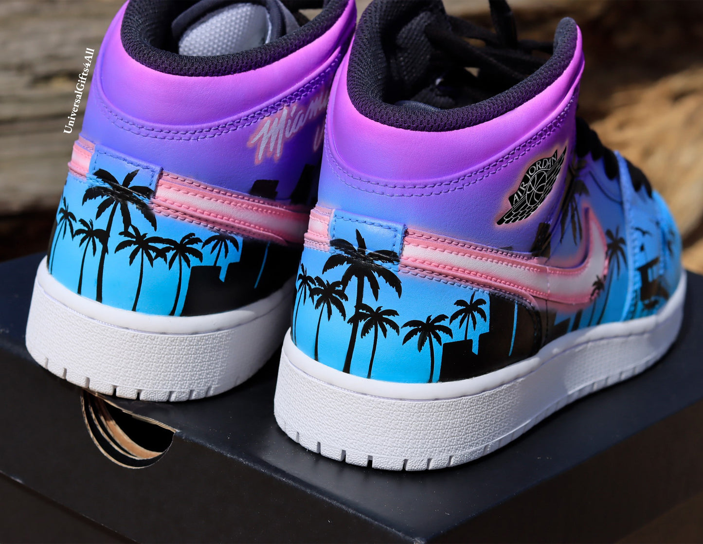 Air Jordan 1 Mid Miami Tropical Summer Vibes custom sneakers, beach house, city and palmtrees silhouette. Birthday Gift for him and her, unique and sunny.
