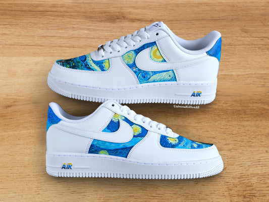 Starry Night - Van Gogh customized sneakers AF1, sneakers voor haar en hem air force 1 blauwe artistieke schoenen, ultiem verjaardagscadeau, swirls vincent op een witte sneaker, sterrenhemel en galaxy