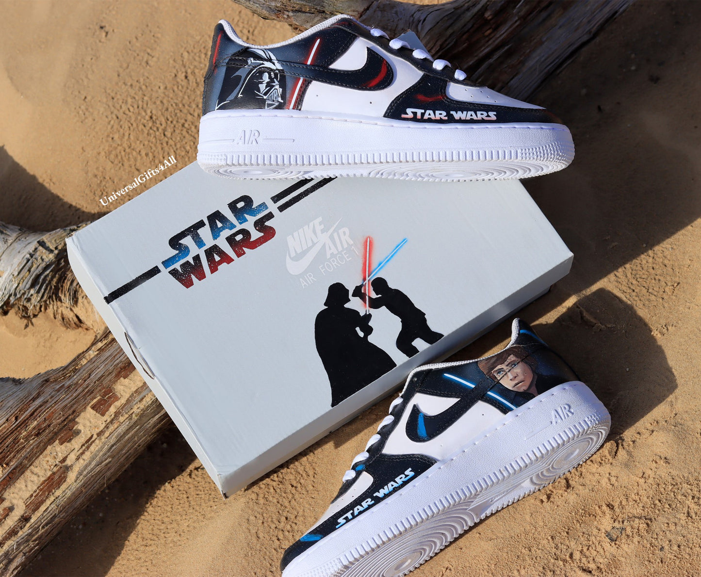 Custom AF1 Star Wars sneakers, Darth Vader vs Luke Skywalker shoes, Lightsaber battle, Air Force 1 Jedi Order, X-wing, At-At and Death Star, Made for star wars fans, birthday gift for him & her, join the rebellion