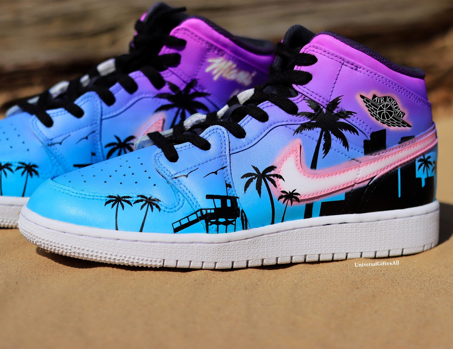 Air Jordan 1 Mid Miami Tropical Summer Vibes custom sneakers, beach house, city and palmtrees silhouette. Birthday Gift for him and her, unique and sunny.