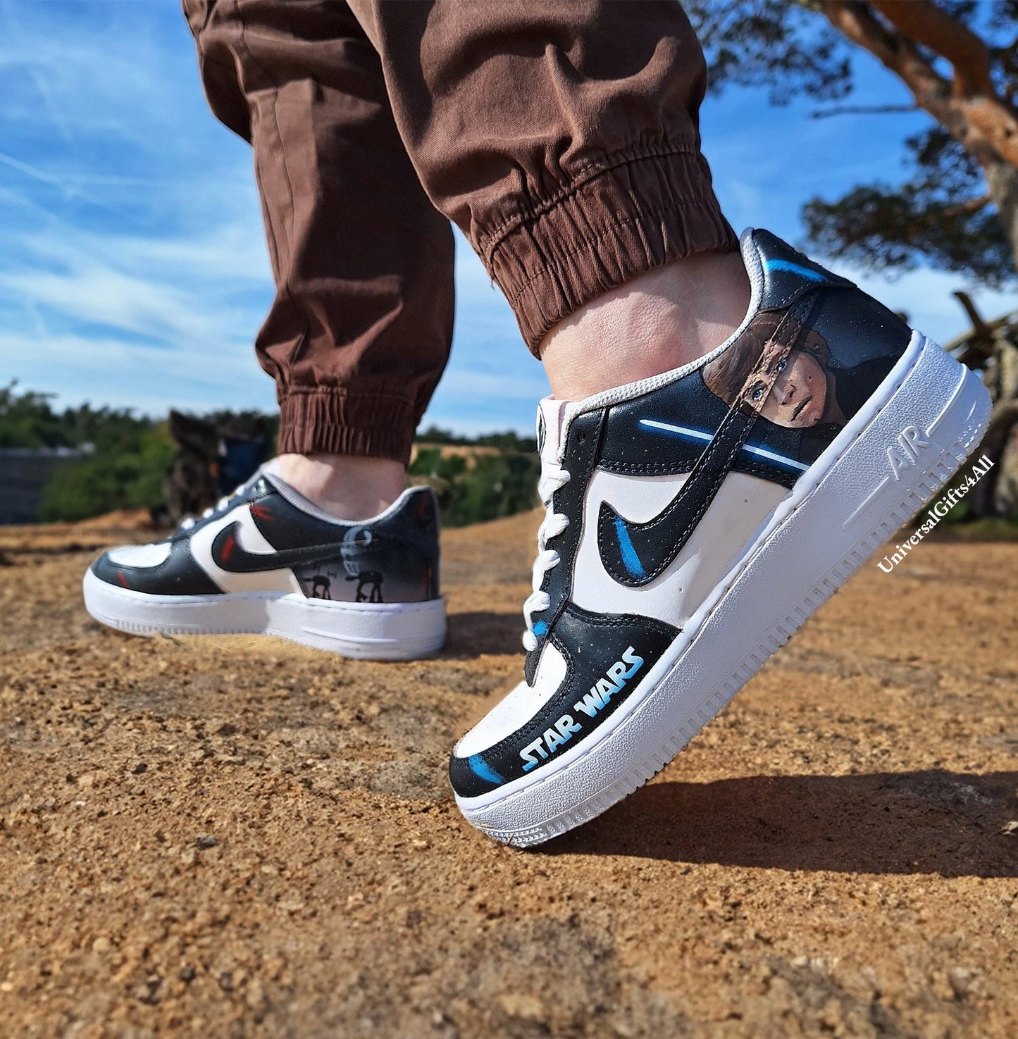 Custom AF1 Star Wars sneakers, Darth Vader vs Luke Skywalker shoes, Lightsaber battle, Air Force 1 Jedi Order, X-wing, At-At and Death Star, Made for star wars fans, birthday gift for him & her, join the rebellion