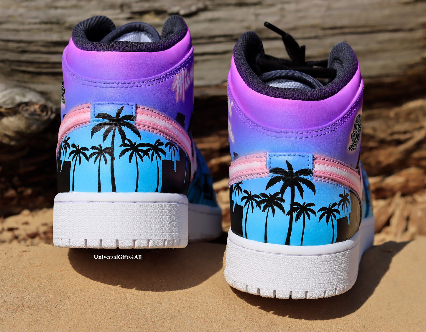 Air Jordan 1 Mid Miami Tropical Summer Vibes custom sneakers, beach house, city and palmtrees silhouette. Birthday Gift for him and her, unique and sunny.