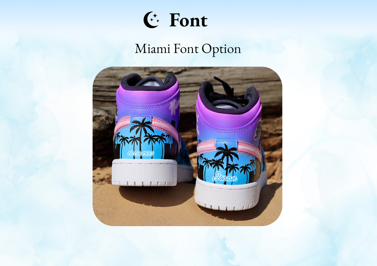 Air Jordan 1 Mid Miami Tropical Summer Vibes custom sneakers, beach house, city and palmtrees silhouette. Birthday Gift for him and her, unique and sunny.
