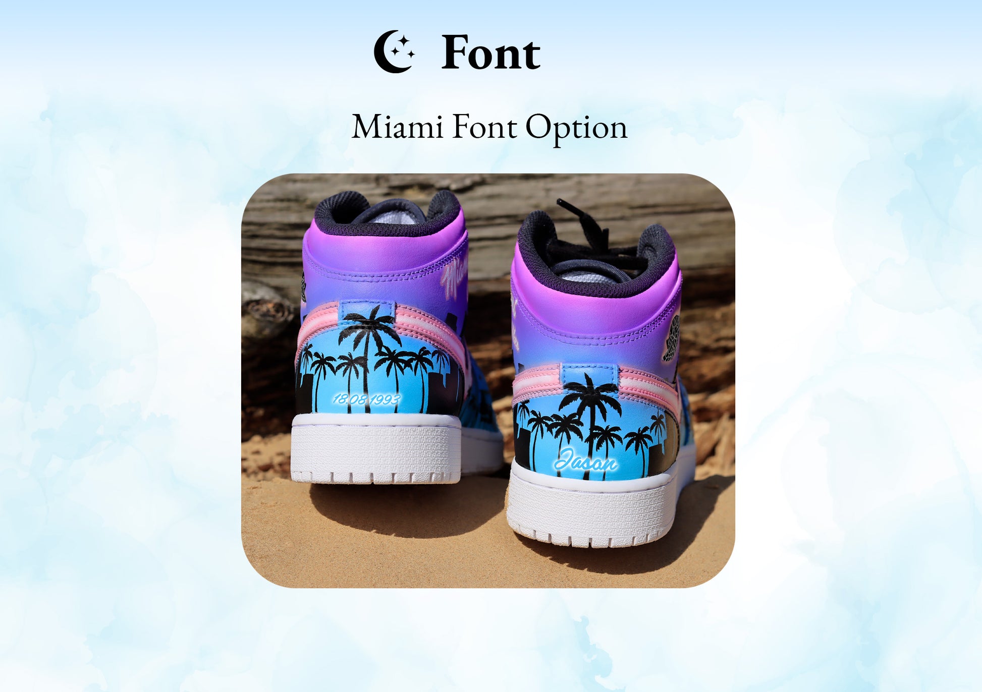 Air Jordan 1 Mid Miami Tropical Summer Vibes custom sneakers, beach house, city and palmtrees silhouette. Birthday Gift for him and her, unique and sunny.