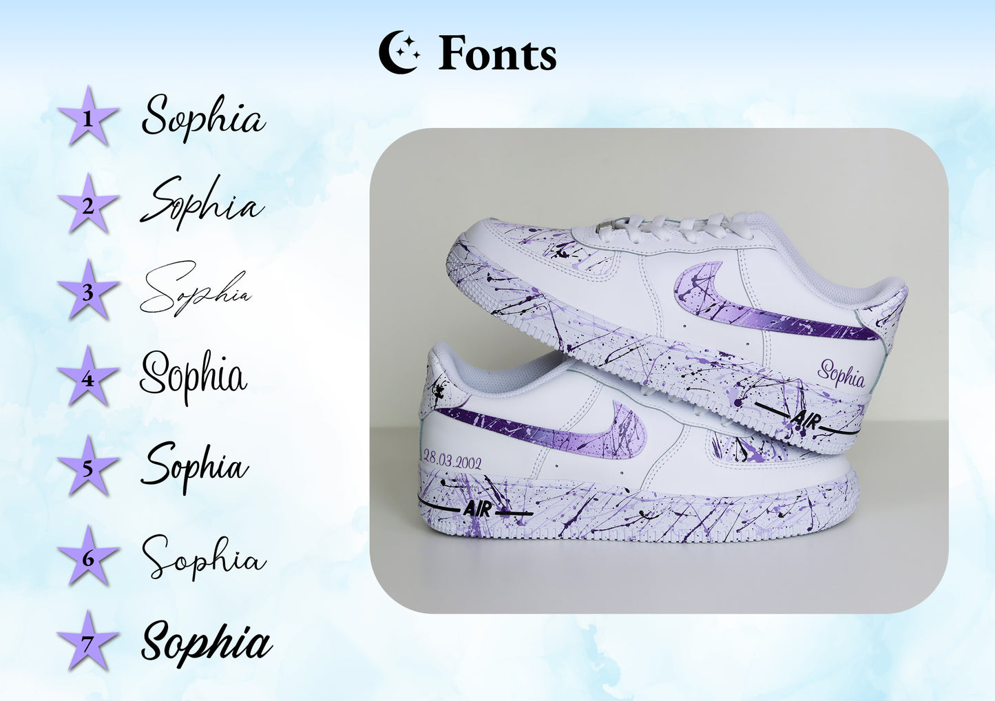 Custom Purple, Lila Splatters Air Force 1 sneakers Customized trendy shoes. Nice as birthday gift.