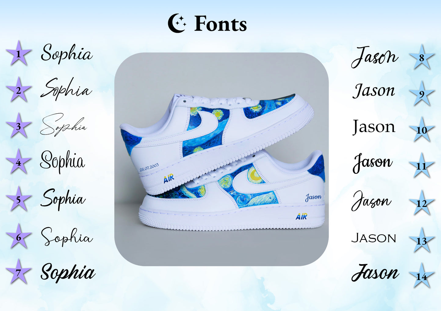 Starry Night - Van Gogh customized sneakers AF1, sneakers voor haar en hem air force 1 blauwe artistieke schoenen, ultiem verjaardagscadeau, swirls vincent op een witte sneaker, sterrenhemel en galaxy