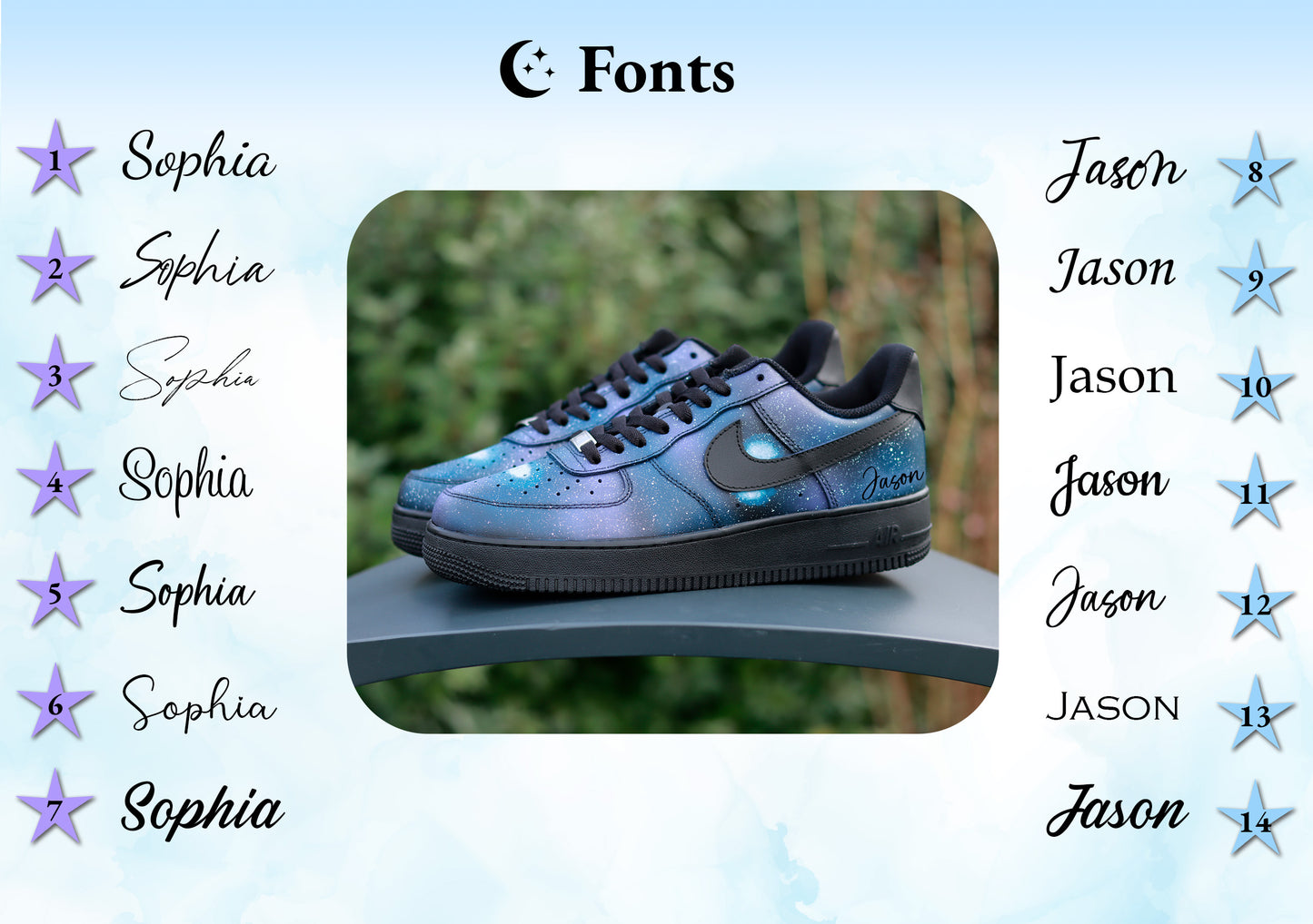 Aangepaste custom sneakers Air Force 1 Night Sky en Sterren Galaxy, Universum schoenen blauw en paars, unisex, verjaardagscadeau voor hem en haar
