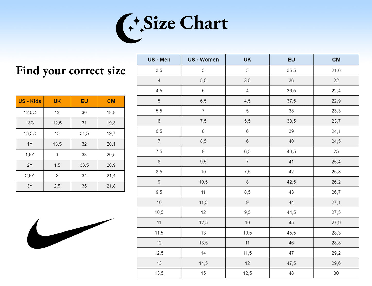 Size chart by UniversalGifts4All