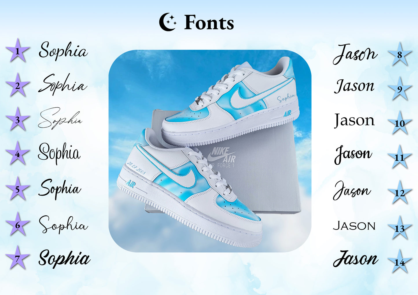 Vivid Sky Blue Air force 1 custom sneakers, blauwe wolken sneakers, creatief en stijlvolle schoenen