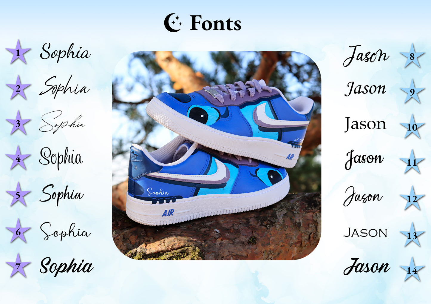 Custom Stitch Cartoon Air Force 1 sneakers. Blauw en paars, tekenserie. Ohana. Damessneaker en herensneaker. Verjaardagscadeau voor stitch liefhebber.