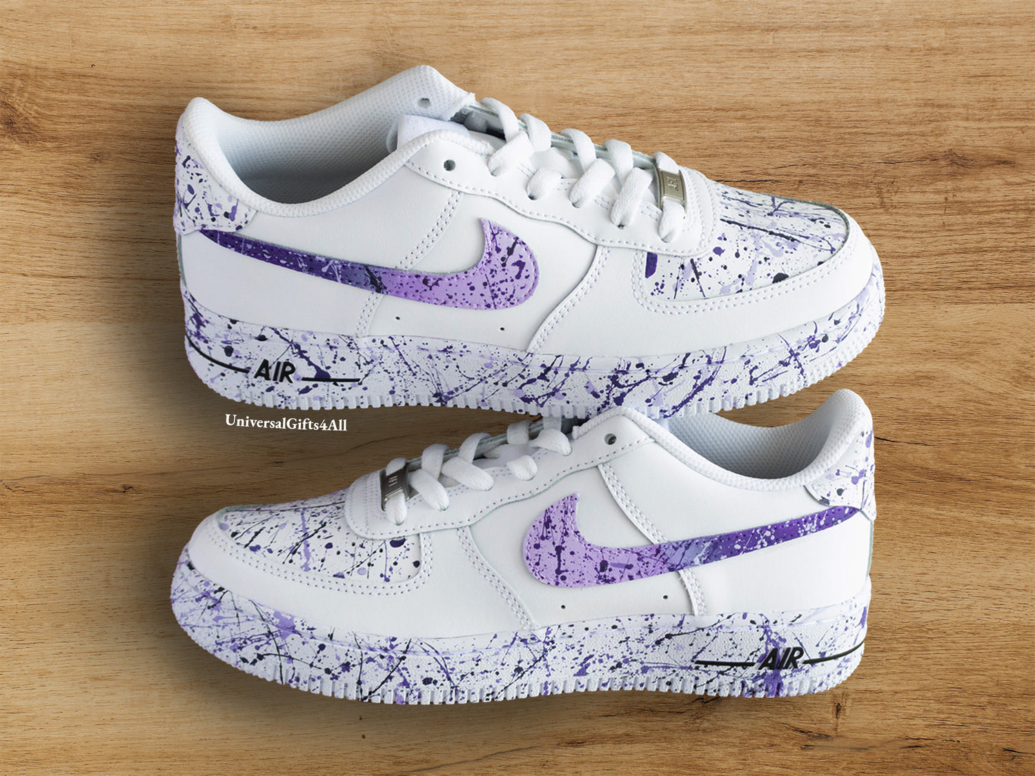 Custom Purple, Lila Splatters Air Force 1 sneakers  Customized trendy shoes. Nice as birthday gift.